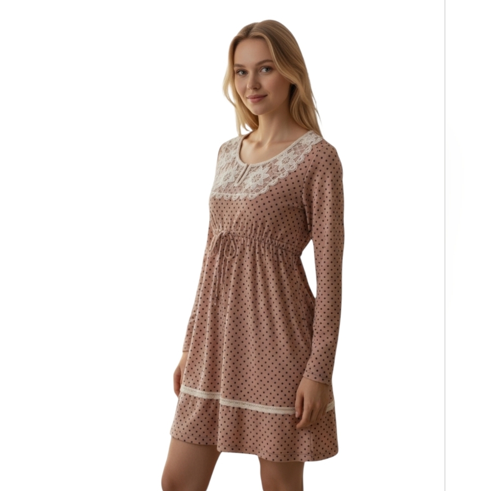 Vintage Babydoll Long Sleeve Cottagecore Pink Mini Dress w Polka Dots & Lace XS